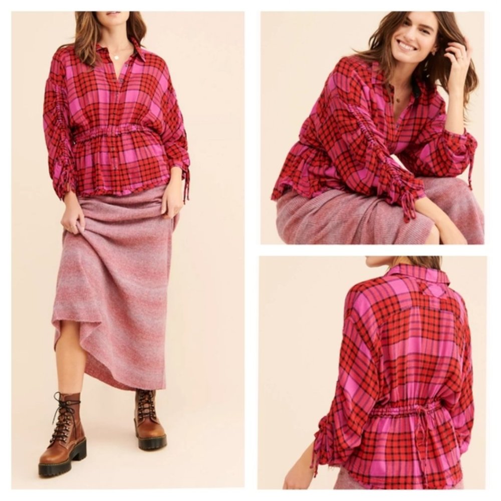 Free People Pacific Dawn Plaid Shirt Red Combo Size Small